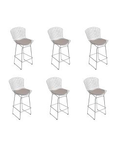 Kit 6 Banquetas Bistrô Bertoia Cromada D80 com Assento Sintético Bege
