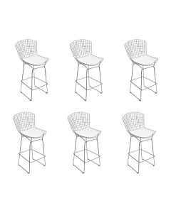 Kit 6 Banquetas Bistrô Bertoia Cromada D70 com Assento Sintético Branco