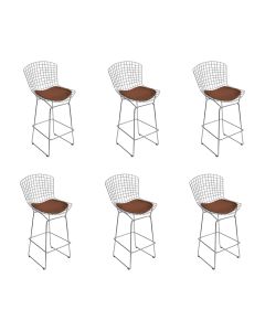 Kit 6 Banquetas Bistrô Bertoia Cromada D60 com Assento Sintético Marrom