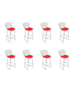 Kit 8 Banquetas Bistrô Bertoia Cromada D70 com Assento Sintético Vermelho