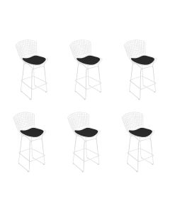 Kit 6 Banquetas Bistrô Bertoia Branca D80 com Assento Preto