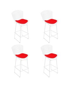 Kit 4 Banquetas Bistrô Bertoia Branca D80 com Assento Vermelho