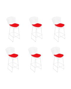 Kit 6 Banquetas Bistrô Bertoia Branca D60 com Assento Vermelho