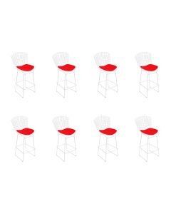 Kit 8 Banquetas Bistrô Bertoia Branca D80 com Assento Vermelho