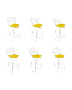Kit 6 Banquetas Bistrô Bertoia Branca D80 com Assento Amarelo