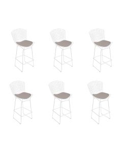 Kit 6 Banquetas Bistrô Bertoia Branca D80 com Assento Bege
