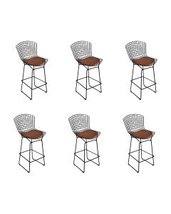 Kit 6 Banquetas Bistrô Bertoia Preta D70 com Assento Marrom