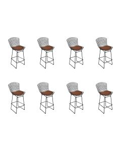 Kit 8 Banquetas Bistrô Bertoia Preta D60 com Assento Marrom