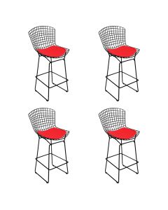 Kit 4 Banquetas Bistrô Bertoia Preta D60 com Assento Vermelho