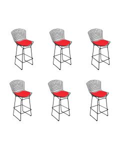 Kit 6 Banquetas Bistrô Bertoia Preta D80 com Assento Vermelho