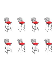 Kit 8 Banquetas Bistrô Bertoia Preta D80 com Assento Vermelho