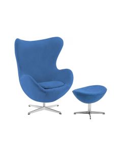 Poltrona Egg com Puff Base Alumínio em Sued Azul