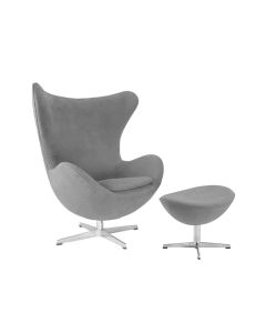 Poltrona Egg com Puff Base Alumínio em Sued Cinza