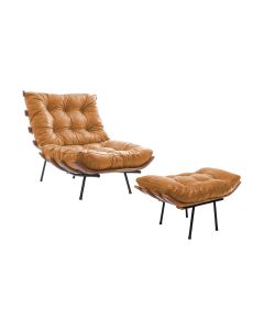 Poltrona Costela com Puff Couro Natural Legitimo Caramelo