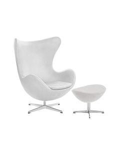 Poltrona Egg com Puff Base em Alumínio Couro Natural Branco