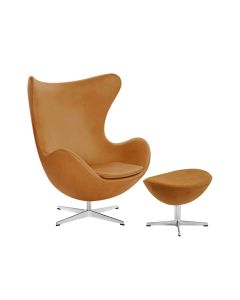 Poltrona Egg com Puff Base em Alumínio Couro Natural Caramelo