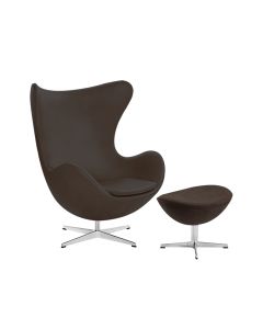 Poltrona Egg com Puff Base em Alumínio Couro Natural Marrom