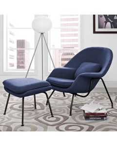 Poltrona Womb Chair com Puff Base Preta Linho Azul