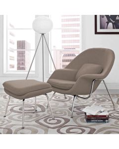 Poltrona Womb Chair com Puff Cromada Linho Bege