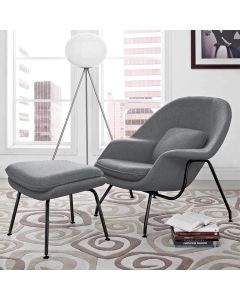 Poltrona Womb Chair com Puff Base Preta Linho Cinza