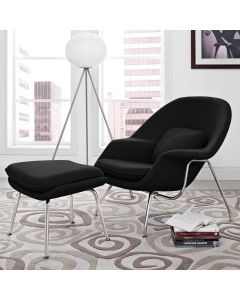Poltrona Womb Chair com Puff Cromada Linho Preto