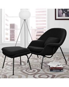 Poltrona Womb Chair com Puff Base Preta Linho Preto
