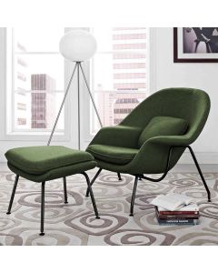 Poltrona Womb Chair com Puff Base Preta Linho Verde